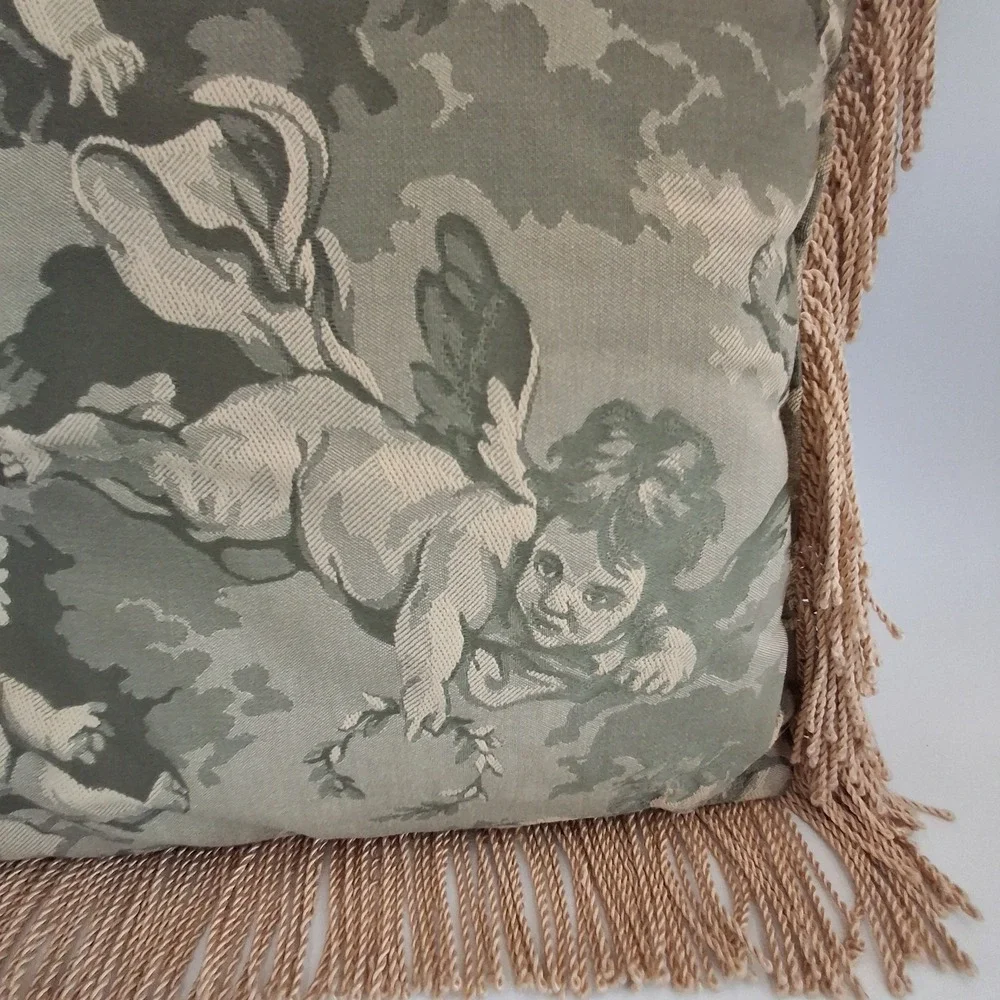 REED Style Cherub Angel Tapestry Throw Pillow Green Beige Fringe Trim 14